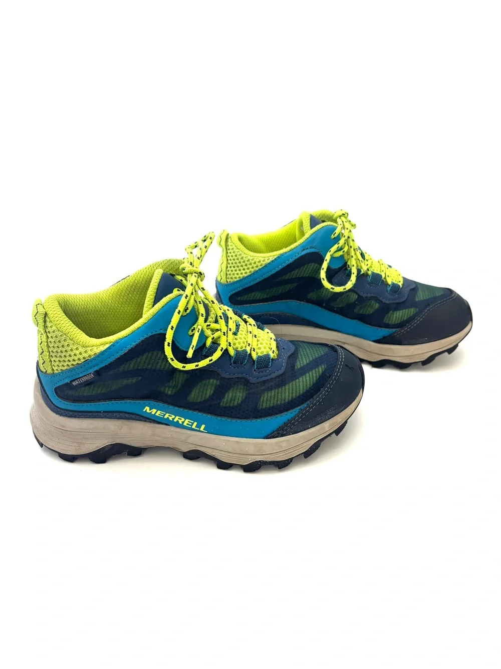 Merrell Youth Moab Speed 2 Mid Navy/Hi-Viz Waterproof Hiking Boot/Sneaker Sz 1